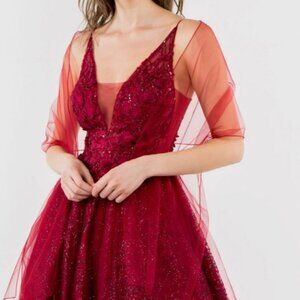 New Burgundy Sheer Bodice V-Neck Glitter Mesh Homecoming  Cocktail Dress gl1979